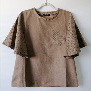 Adeline Los Angeles Womens Tan Brown Crew Neck Eyelet Flared Sleeve T-Shirt Sz S